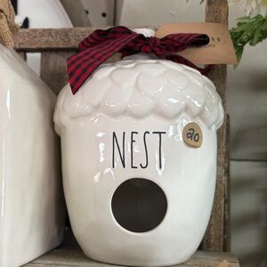 Rae Dunn White Acorn Birdhouse with Red Bow